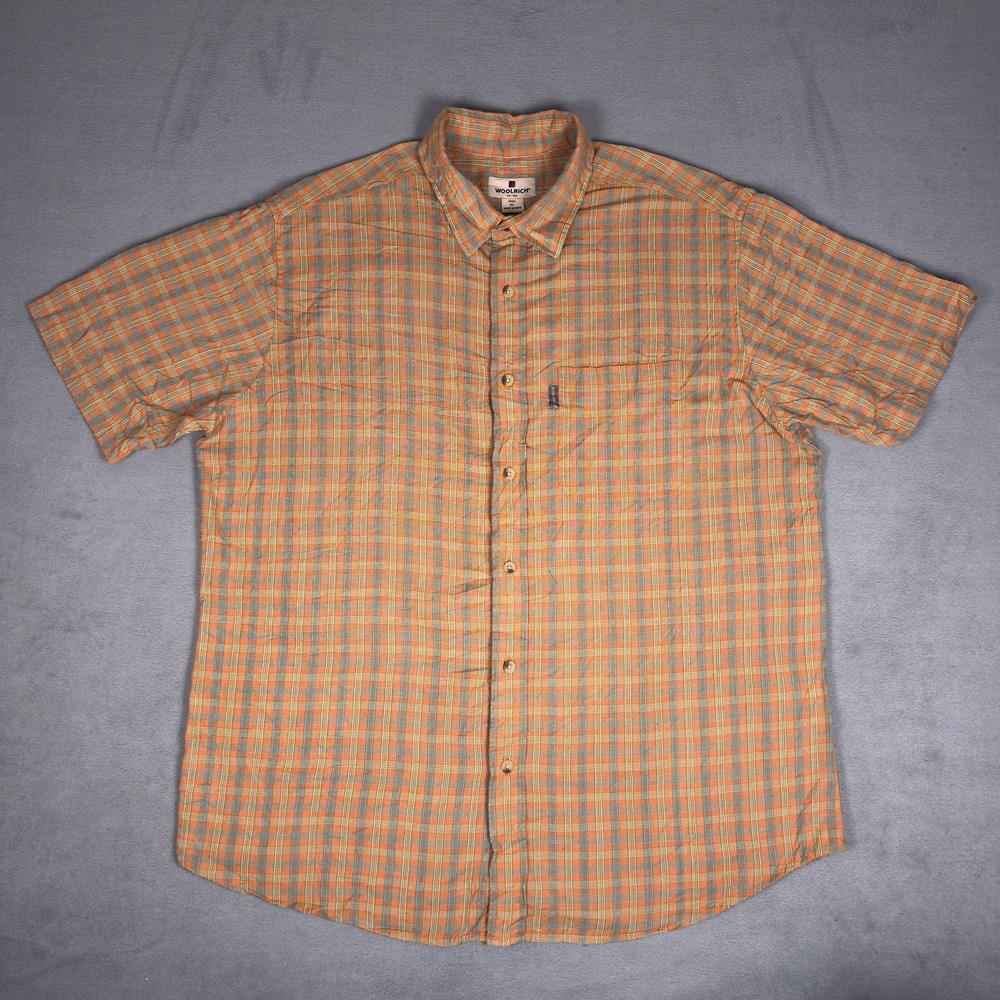 Woolrich Orange Plaid Short Sleeve Button Down Shirt Mens XL Outdoor Camp